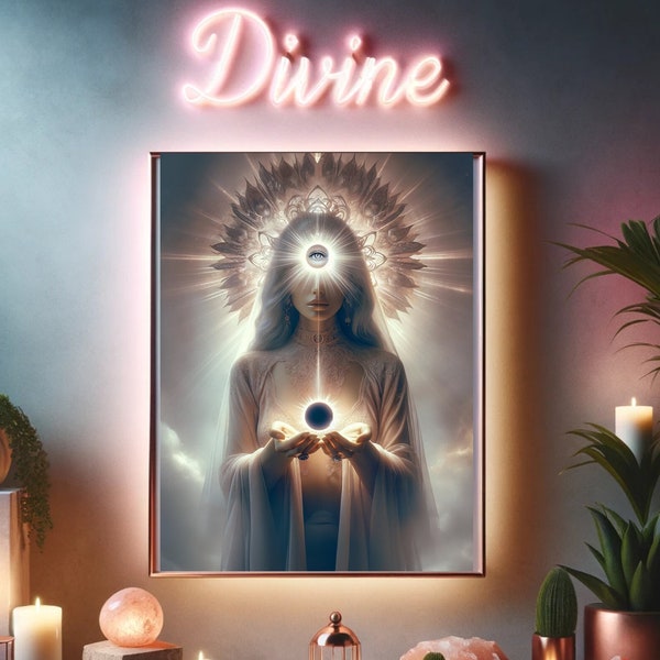 Eclipse Goddess Print, Mystical Celestial Woman, Spiritual Wall Decor, Sacred Feminine Illustration, Cosmic Energy Poster, 11x17 Fantasy Art