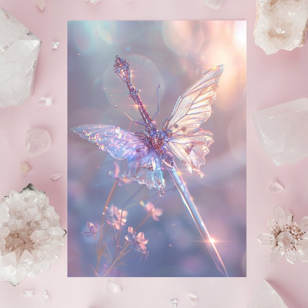 Enchanted Crystal Butterfly Sword Artwork - Mystical Fantasy Blade, Fantasy Art, Magical Transparent Butterfly, Sparkling Wall Art