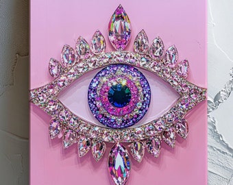 Glam Evil Eye Art Print | Pink Crystal Wall Decor | Surreal Magical Protection | Modern Aesthetic Room | Sparkle Eye Poster