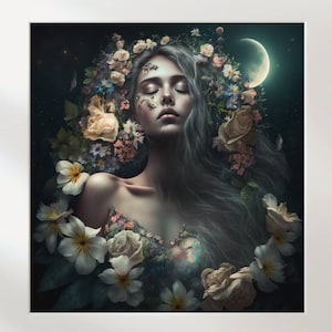 Goddess of the Moon Print, Witchy Art, Divine Feminine Lunar Art, Lunar Goddess Illustration, Crescent Moon Goddess Painting