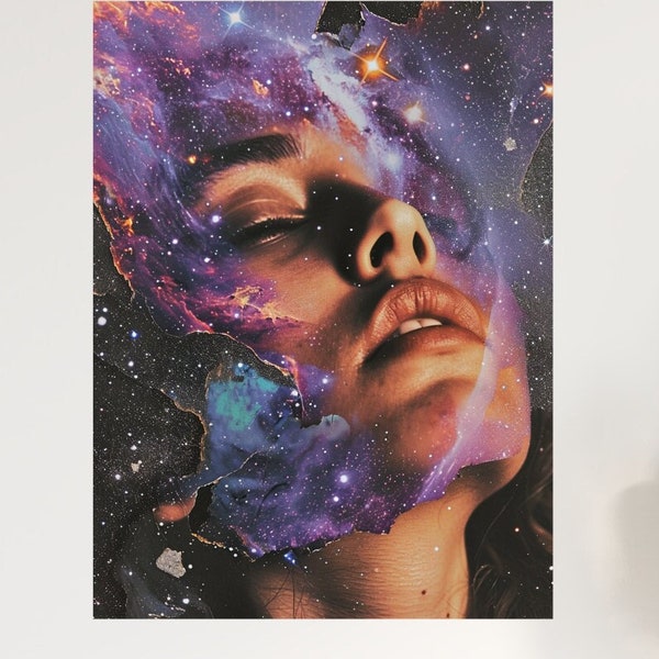 Galactic Dreams Portrait - Cosmic Beauty Art Print, Space Nebula Wall Decor, Purple Stellar Fantasy Collage Artwork