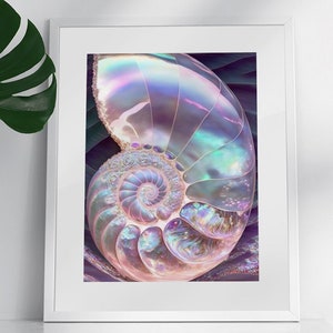 May include: A framed print of a iridescent nautilus shell with a purple and pink color scheme.