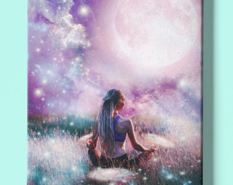 Pink Moon Meditation Collage Print, Yoga pose wall art, Sacred Space + Sanctuary, Divine Feminine Wall Art, Meditating Woman, Goddess Art