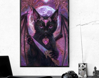 DIGITALE DOWNLOAD - Enchanted Bat Cat Art Print - Mystieke zwarte kat met vleugels en mes onder maanlicht - telefoonbehang en afdrukgrootte