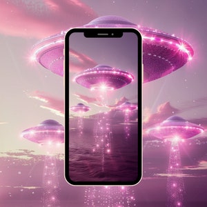 Magische Pinke UFOs über Ozean - Verträumte Sci-Fi Handy Wallpaper - Digital Download