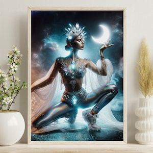 Moon Goddess Art Print, Holographic Cosmic Deity Poster, Lunar Divinity Wall Decor, Mystical Space Goddess Illustration, Ethereal Moon Art