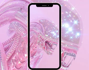 Pink Glitter Alien - Sparkling Alien Aesthetic Phone Wallpaper - Digital Download