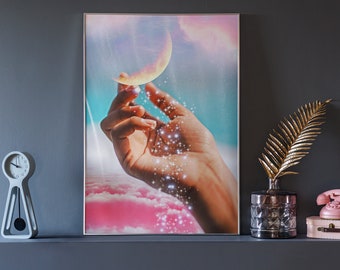 Moon Magic Sparkle & Shine Collage Art | Glitter Moon | Moon Goddess | Holding the Moon | Moon Sparkle Art | Moon Aesthetic Print