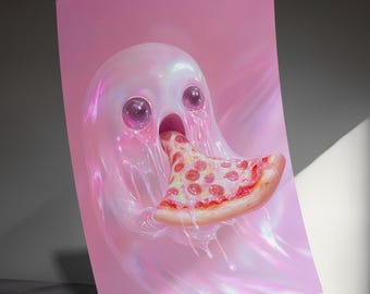 Cute Ghost Eating Pizza Art Print, Pink Aesthetic Wall Art Print Decor for Home or Office Fun Ghost and Pizza Poster Art
