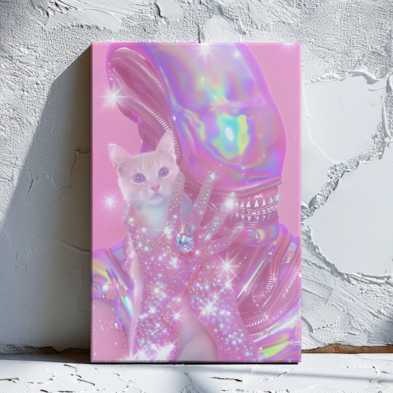 Glamorous Alien Xenomorph and Fluffy Cat Art Print | Dreamy Pink