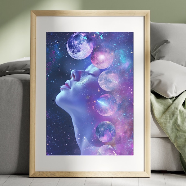 Purple Moon Phases Art Print - Mystical Woman Face Illustration - Celestial Home Decor - Unique Lunar Cycle Wall Art