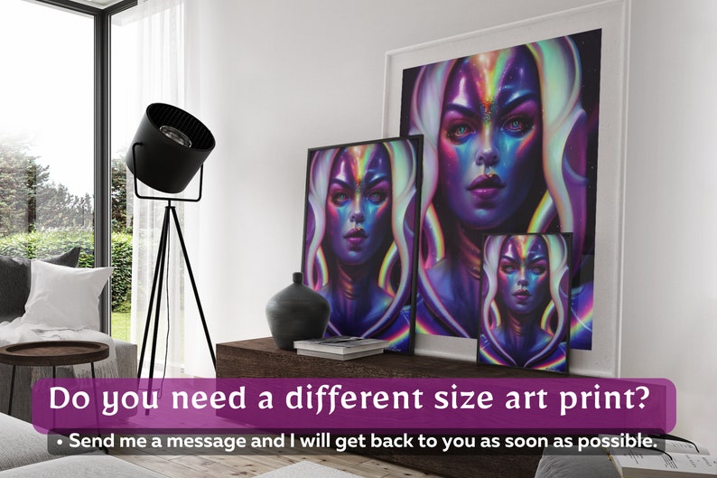 May include: Three framed art prints featuring a woman with iridescent skin and a galaxy background. The prints are in different sizes and are displayed on a shelf.