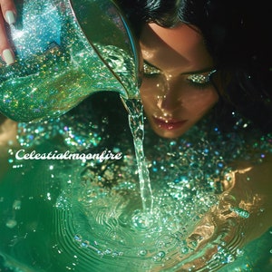 May include: A woman pours glittery green liquid from a silver pitcher into a pool of water. The water is sparkling and creates ripples. The woman has dark hair and is wearing glitter makeup.