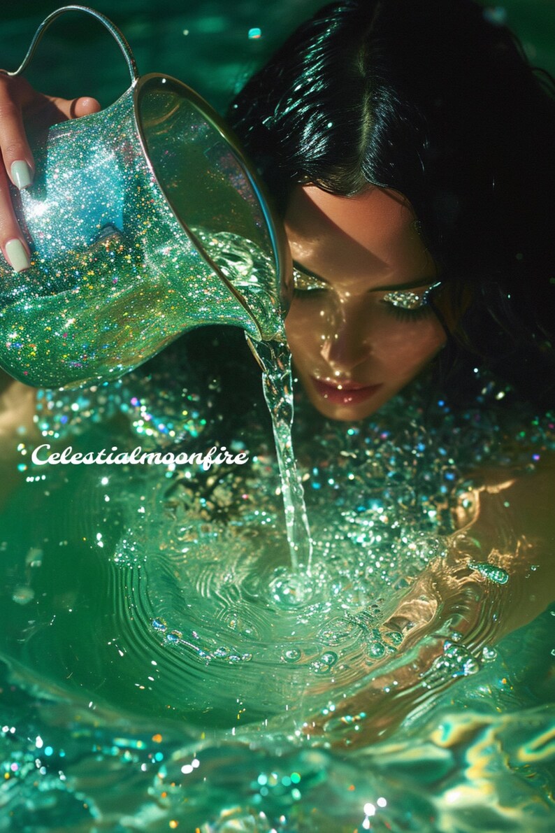 May include: A woman pours glittery green liquid from a silver pitcher into a pool of water. The water is sparkling and creates ripples. The woman has dark hair and is wearing glitter makeup.