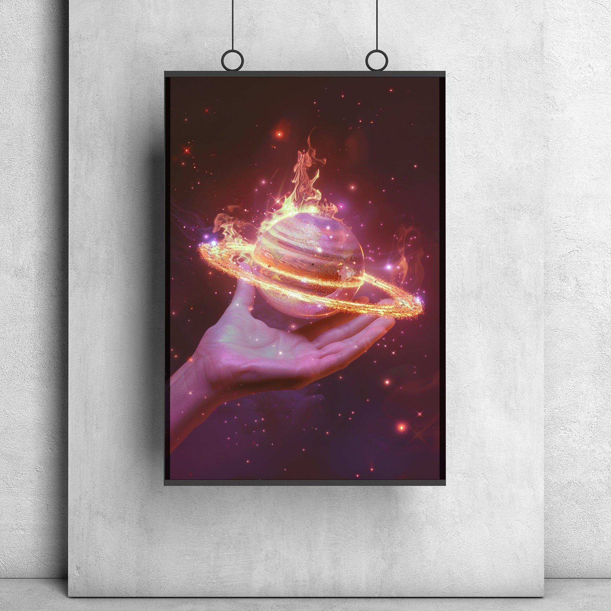 Mystical Saturn Art Print With Glowing Rings and Flames, Cosmic Fantasy ...