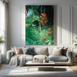 May include: A woman with dark hair pours green liquid from a clear pitcher into a pool of sparkling green water.
