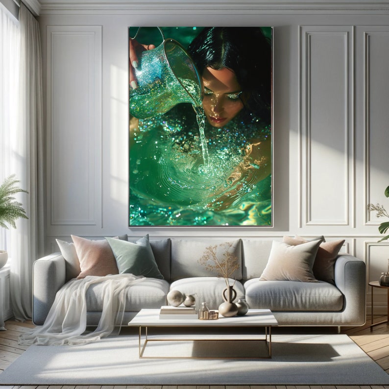 May include: A woman with dark hair pours green liquid from a clear pitcher into a pool of sparkling green water.