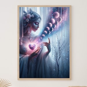 Lunar Goddess Heart Chakra Print - Celestial Moon Phases - Spiritual Healing Wall Art - Digital Download