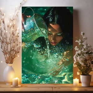 May include: A woman with dark hair pours shimmering green liquid from a pitcher into a pool of water. The water is sparkling and creates a ripple effect.