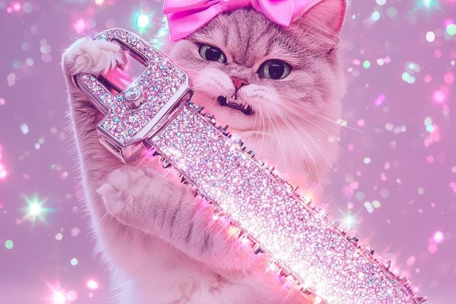 Pink Glitter Chainsaw Cat Wall Art Print, Deadly Cat Digital Download