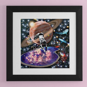 Shark Galaxy Cosmic Diver Saturn Outer space Digital Collage Art Print | Surreal Collage Art | Shark Art | Cosmic Collage | Shark Print
