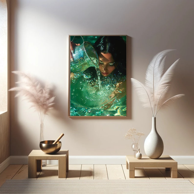 May include: A woman pours shimmering green liquid from a pitcher into a pool of water. The water is sparkling and the woman's face is partially submerged.