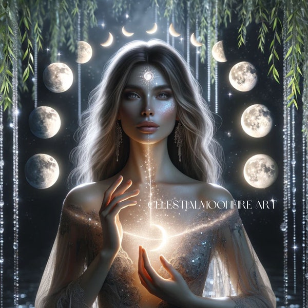 Moonlight Enchantress Art Print - Lunar Phases Portrait - Mystical Moon Goddess Illustration - Ethereal Fantasy Art - Magical Woman Decor