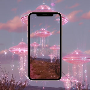 Funkelndes rosa UFO Fantasy Phone Wallpaper - digitaler Download