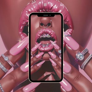 May include: A close-up of a person's lips with pink gloss and diamond-encrusted teeth. The person is holding a smartphone with a similar image on the screen. The person's nails are long and painted pink with diamond rings.