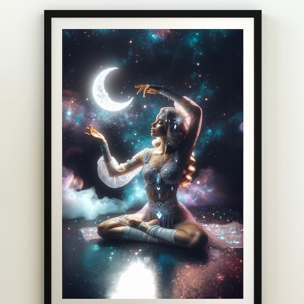 Moon Goddess Art Print, Holographic Cosmic Deity Poster, Lunar Divinity Wall Decor, Mystical Space Goddess Illustration, Ethereal Moon Art