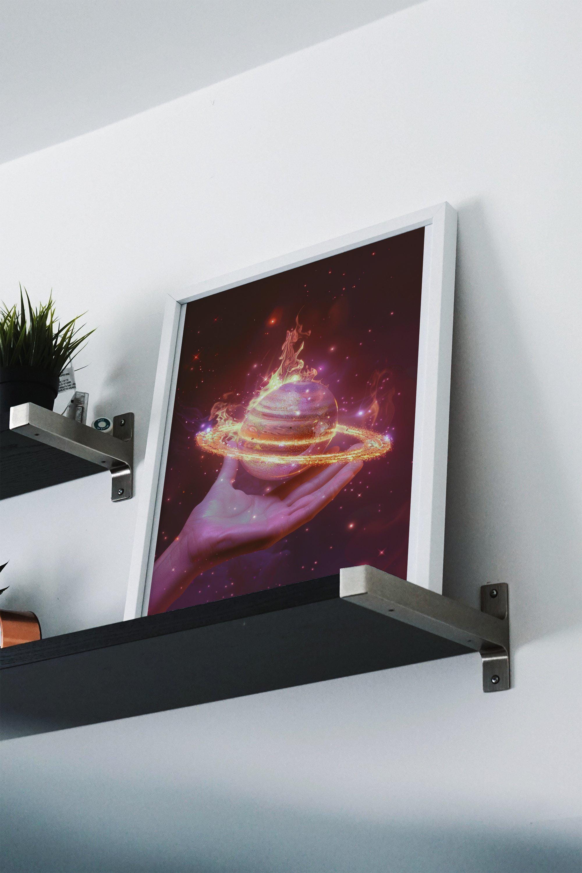 Mystical Saturn Art Print With Glowing Rings and Flames, Cosmic Fantasy ...