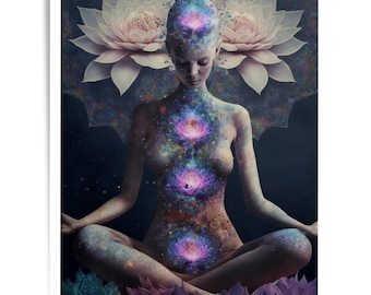 Lotus Flower Goddess Art Print, Mindfulness, Yoga, Zen Wall Art, Meditation Poster, Goddess of Lotus, Calm and Serene Home Decor