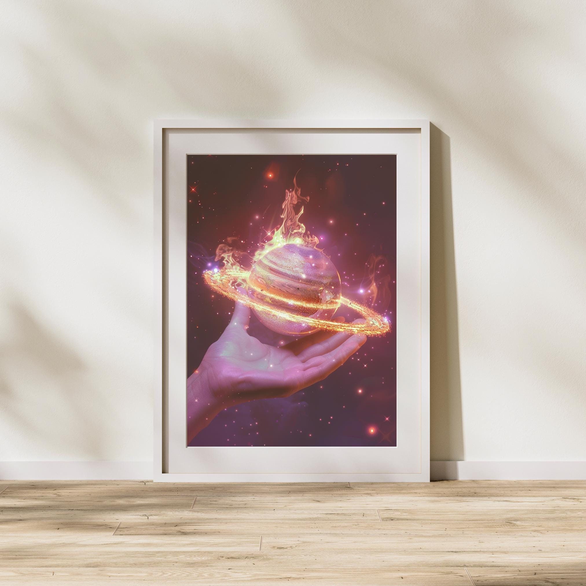 Mystical Saturn Art Print With Glowing Rings and Flames, Cosmic Fantasy ...