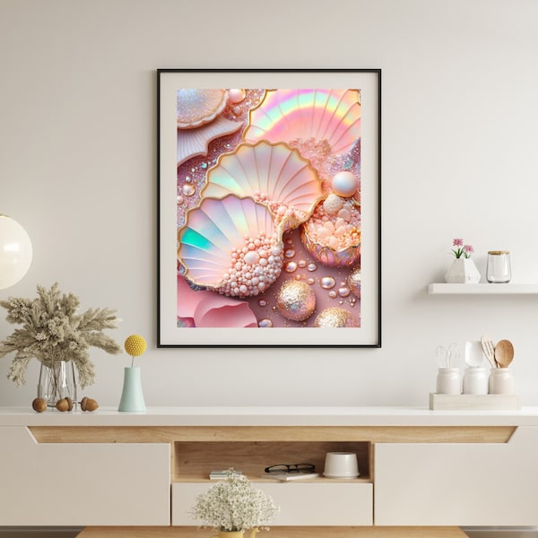 Pastel and Gold Seashell Wall Art, Coastal Print, Luxury Beach House, Unique + Girly Glam Sea Shell, Nautical Decor, Digital Download