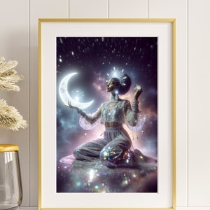 Moon Goddess Art Print, Holographic Cosmic Deity Poster, Lunar Divinity Wall Decor, Mystical Space Goddess Illustration, Ethereal Moon Art