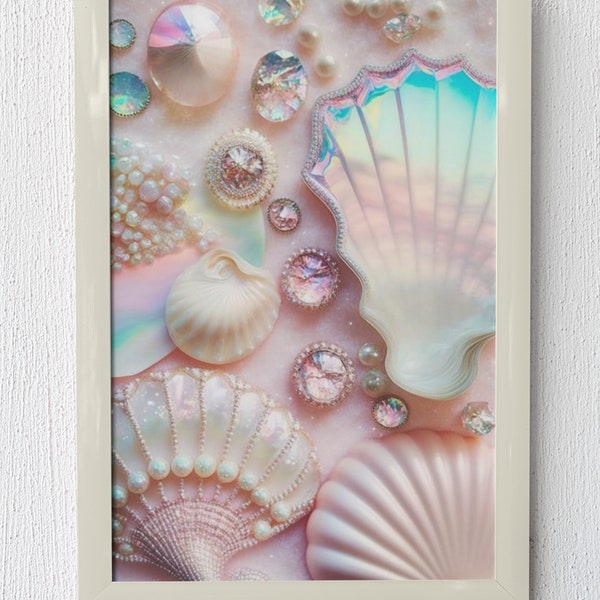 Opalescent Luminous Seashell Wall Art, Sea shell print, Luxury Beach, Unique + Girly Glam Sea Shell and Gemstones Print, Digital Download