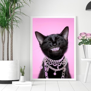 Smiling Black Cat with Diamond Grillz and Chains – Pink Aesthetic Wall Art Print, Bling Cat Art, Glam Goth Decor