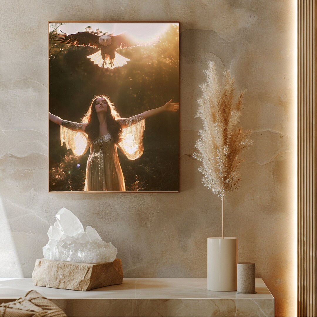 Majestic Eagle & Ethereal Woman Art Print Sunlit Fantasy Digital