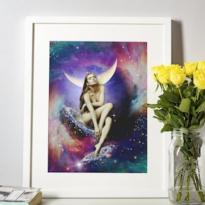 Moon Goddess Art Print | Celestial Art | Witchy Art Print | Woman and Moon | Witch Art | Goddess Collage | Sacred Feminine Art Print