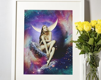 Moon Goddess Art Print | Celestial Art | Witchy Art Print | Woman and Moon | Witch Art | Goddess Collage | Sacred Feminine Art Print