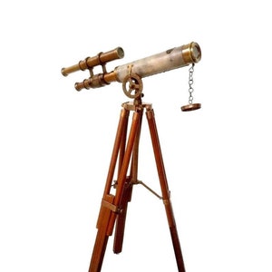 Details about   Nautical double barrel leather pirate 9" telescope w/ wooden tripod stand decor 