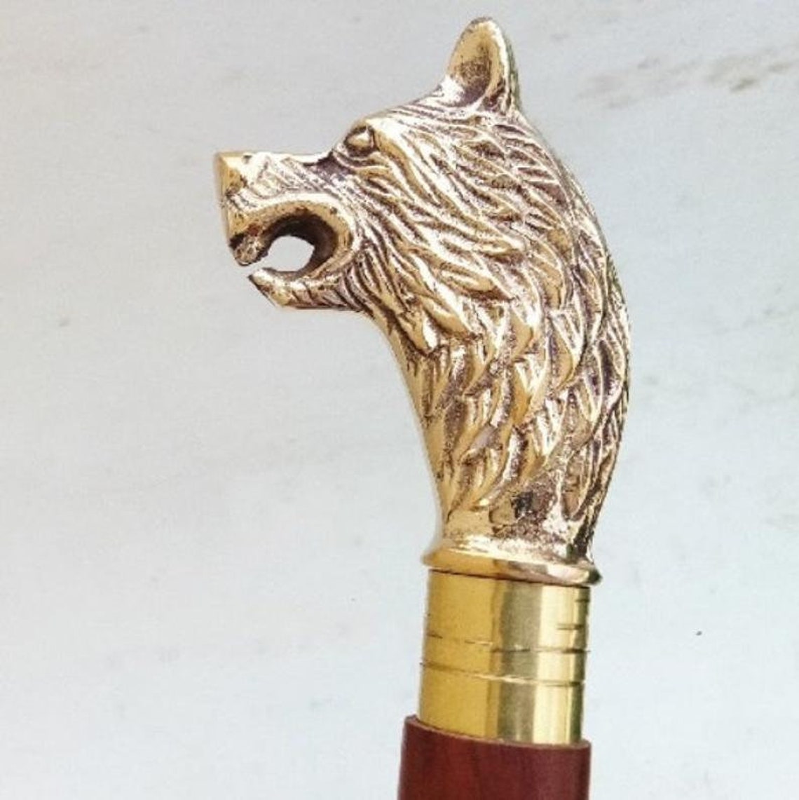 Designer Antique Wolf Head Walking Cane Brass Handle Wooden Etsy UK
