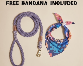 Purple Cotton Rope Leash for Dogs 5ft, Free Bandana Gift, Natural Dye Rope Leash, Dog Owner Gift, Dog Mom Gift, Dog Lover Gift, Dog Bandana