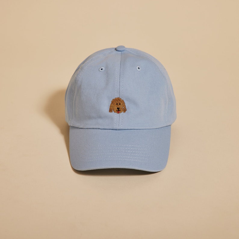 May include: A light blue baseball cap with an embroidered brown dog face on the front.