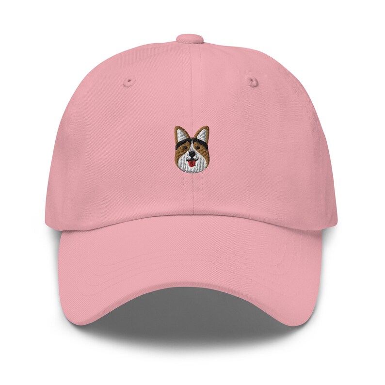 May include: A pink baseball cap with an embroidered image of a corgi wearing a black eye patch.