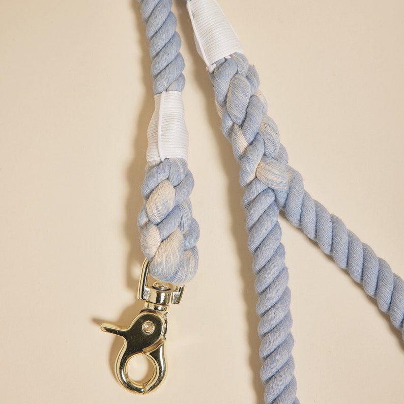 May include: A light blue and white braided rope dog leash with a gold metal clip.