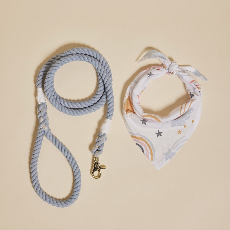 May include: A light blue rope dog leash with a gold metal clip and a white bandana with a rainbow and star pattern.