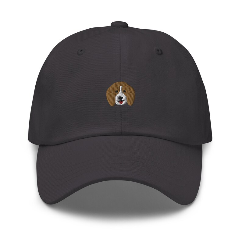 May include: A dark gray baseball cap with an embroidered beagle dog design.