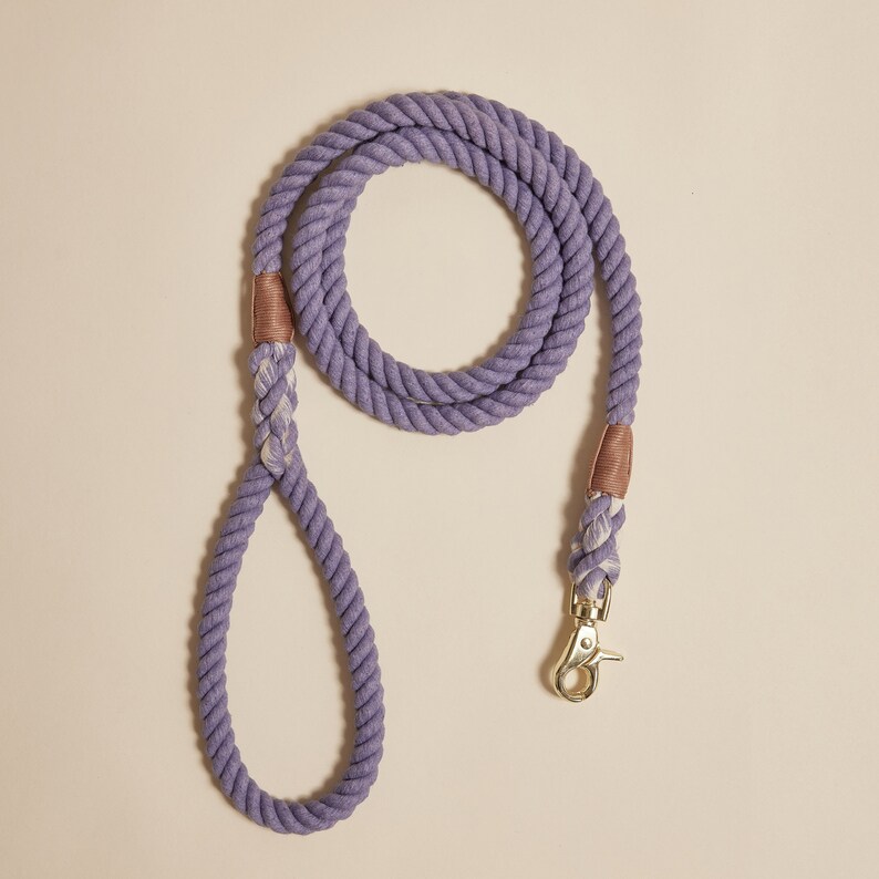 May include: A purple cotton rope dog leash with a brown leather accent and a gold metal clip.