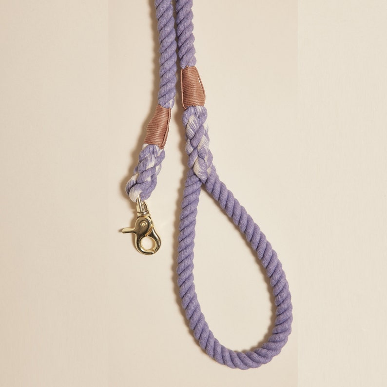 May include: A purple and white rope dog leash with brown leather accents and a gold metal clip.